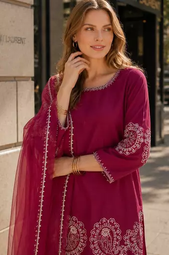 Maroon crepe stitched suit with sequence embroidery work
