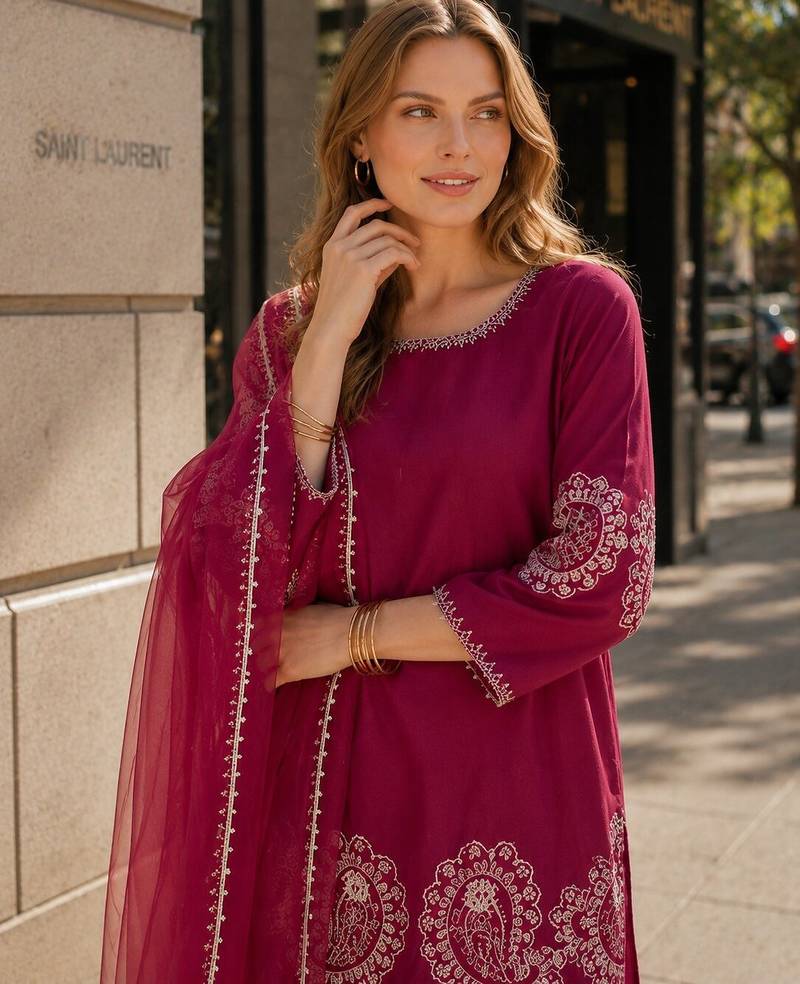 Maroon crepe stitched suit with sequence embroidery work
