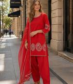 Red crepe stitched suit with sequence embroidery work