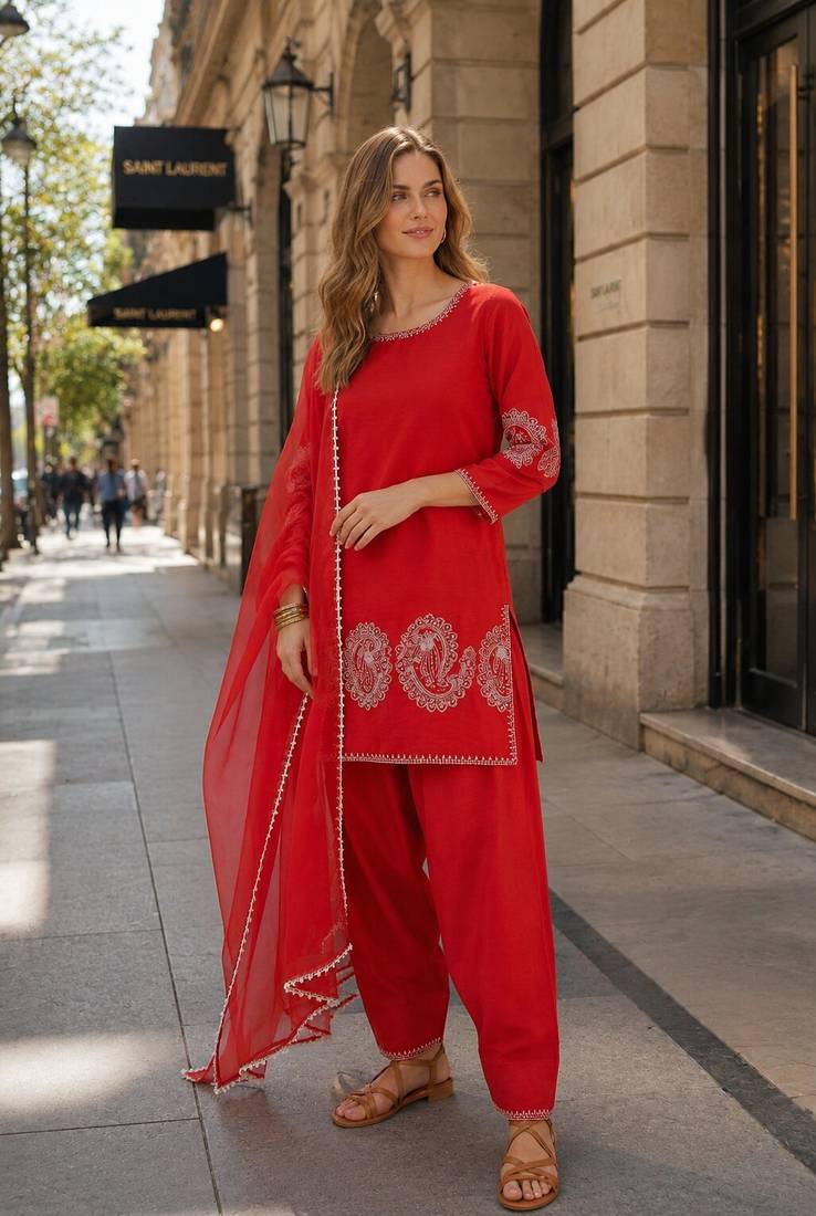 Red crepe stitched suit with sequence embroidery work