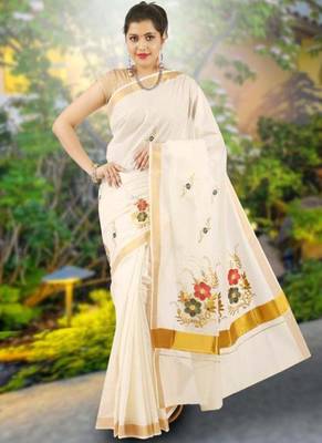 off white floral embroidered zari pure cotton kasavu saree 1