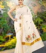 Floral embroidered zari pure cotton kasavu saree