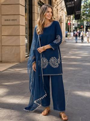 Navy crepe stitched suit with sequin embroidery work 1