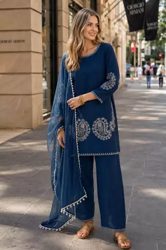 Navy crepe stitched suit with sequence embroidery work