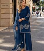 Navy crepe stitched suit with sequence embroidery work