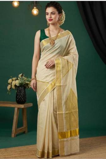 cream geometric zari tissue kasavu saree