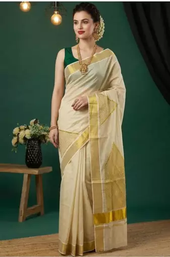 cream geometric zari tissue kasavu saree