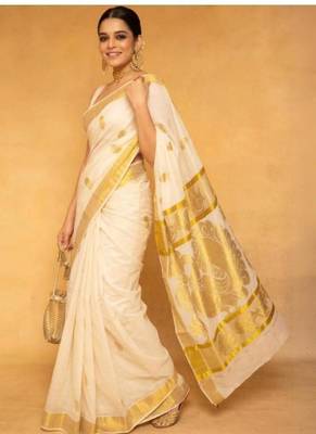 off white jacquard pure cotton kasavu saree 2