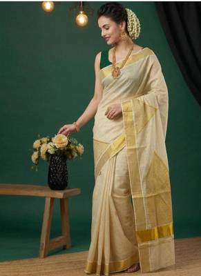 cream geometric zari tissue kasavu saree 2