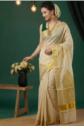 cream geometric zari tissue kasavu saree