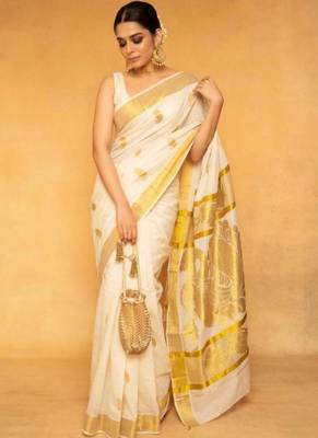 off white jacquard pure cotton kasavu saree 4