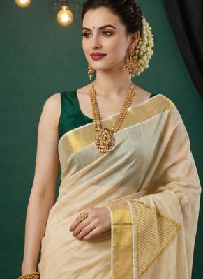 cream geometric zari tissue kasavu saree 4