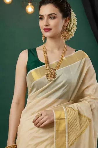 cream geometric zari tissue kasavu saree