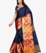 Navy blue & orange ethnic motifs zari art silk kasavu saree
