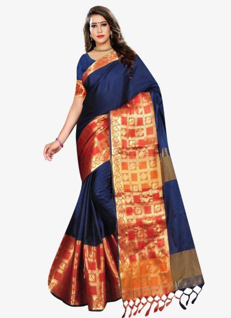 Navy blue & orange ethnic motifs zari art silk kasavu saree