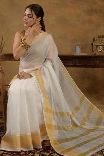 off white zari kerala kasavu saree with unstitched blouse