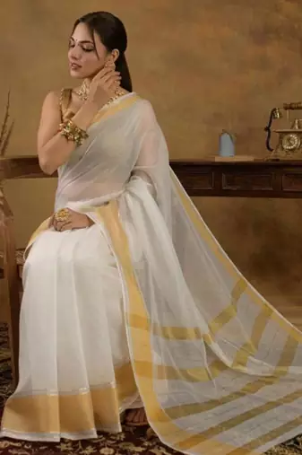 Zari kerala kasavu saree with unstitched blouse