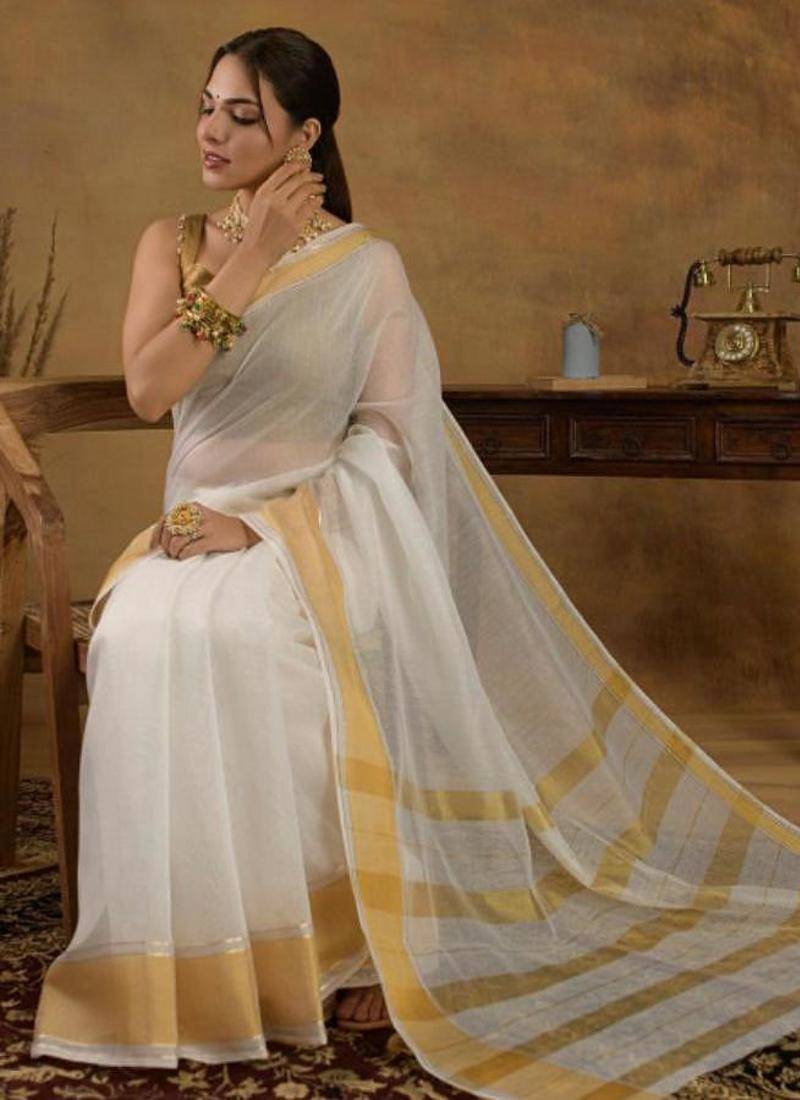 Zari kerala kasavu saree with unstitched blouse