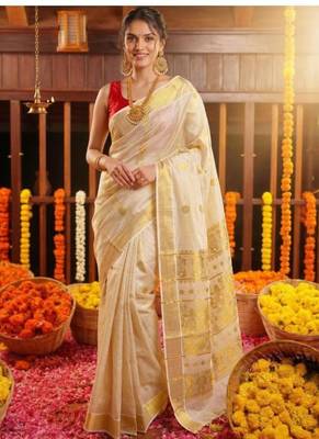 cream zari woven tissue kasavu saree with traditional gold border 1