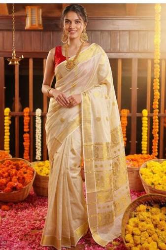 cream zari woven tissue kasavu saree with traditional gold border