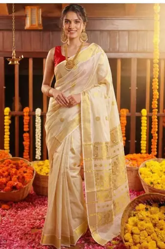 Woven design zari tissue kasavu saree