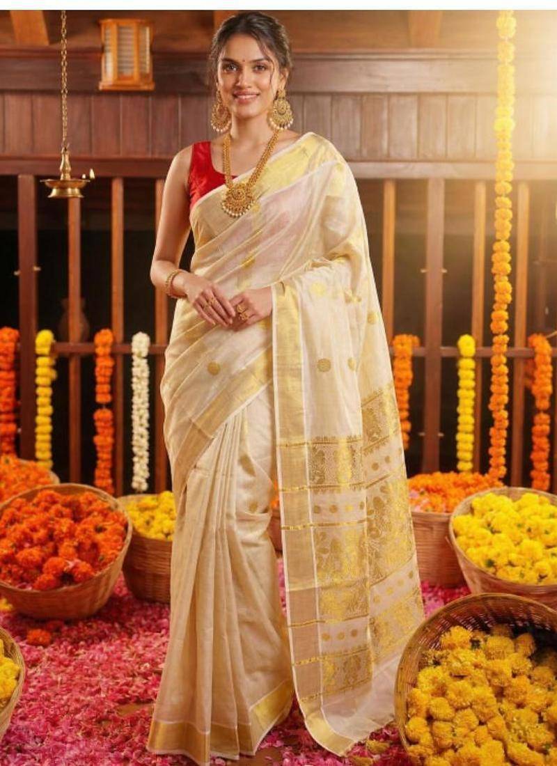 Woven design zari tissue kasavu saree