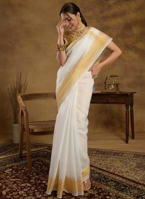 off white zari kerala kasavu saree with unstitched blouse 3