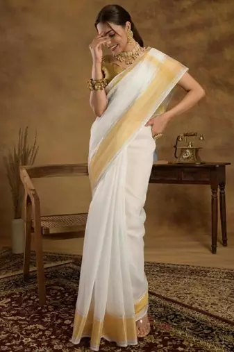 Zari kerala kasavu saree with unstitched blouse