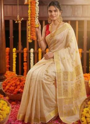 cream zari woven tissue kasavu saree with traditional gold border 2