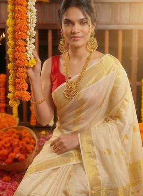 cream zari woven tissue kasavu saree with traditional gold border 3