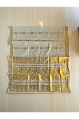 cream zari woven tissue kasavu saree with traditional gold border 4