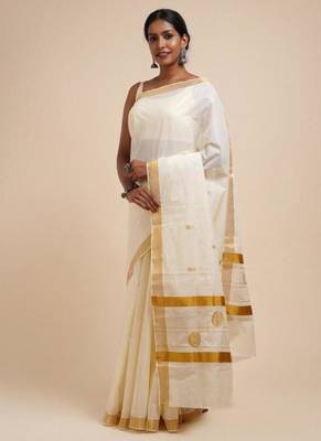 white zari cotton kasavu saree with golden border 4