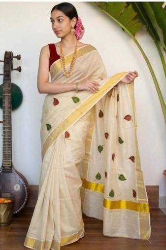 cream tissue kasavu saree with leaf embroidery border