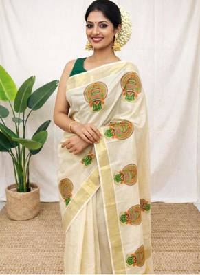 off white kathakali motif tissue kasavu saree 1