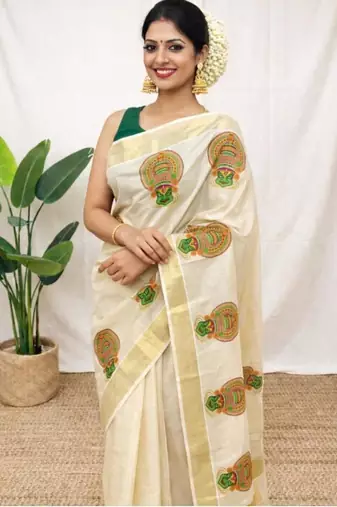 off white kathakali motif tissue kasavu saree