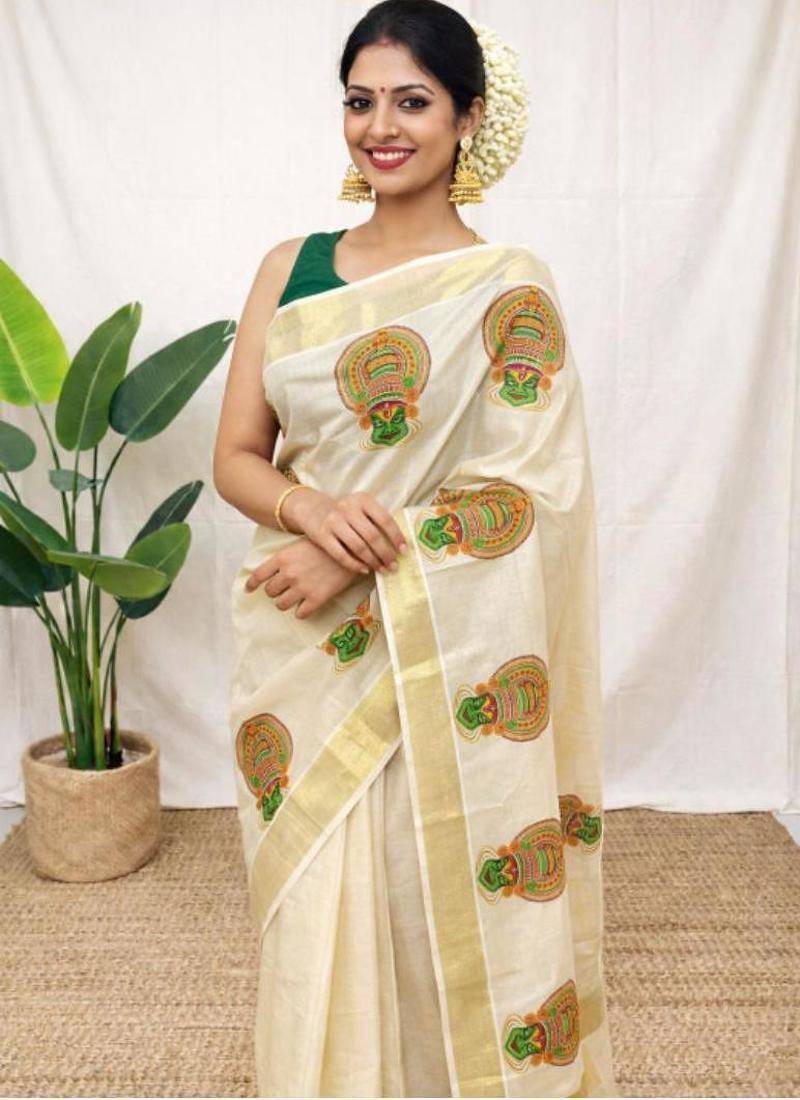 Ethnic motifs tissue kasavu saree