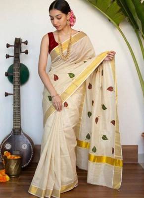 cream tissue kasavu saree with leaf embroidery border 2