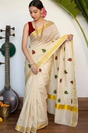 cream tissue kasavu saree with leaf embroidery border