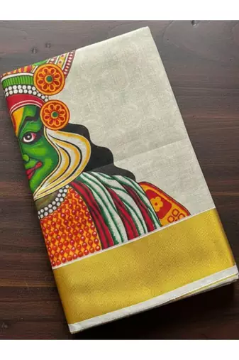 off white kathakali motif tissue kasavu saree