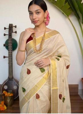cream tissue kasavu saree with leaf embroidery border 3