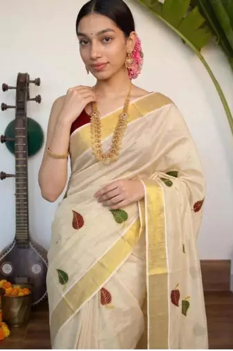 cream tissue kasavu saree with leaf embroidery border