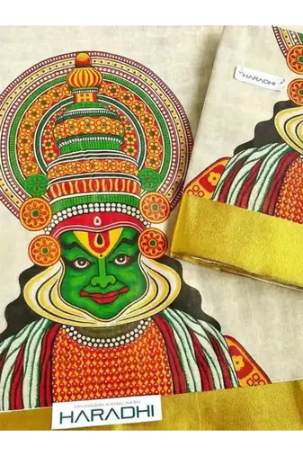 off white kathakali motif tissue kasavu saree