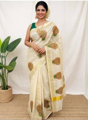 off white kathakali motif tissue kasavu saree 4