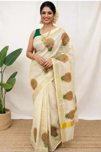 off white kathakali motif tissue kasavu saree