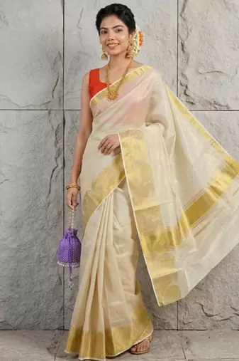 cream zari woven tissue kasavu saree with rich gold border