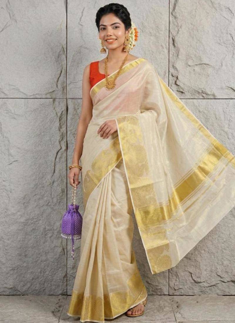Woven design zari tissue kasavu saree
