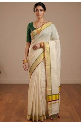 off white artisan stripe tissue kasavu saree