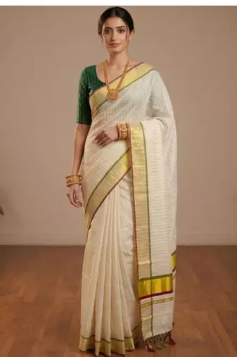 off white artisan stripe tissue kasavu saree