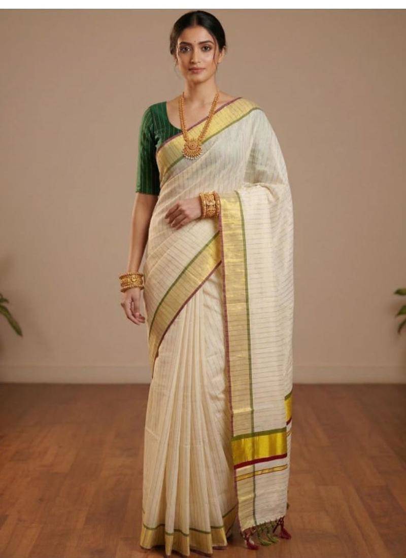 Woven design zari tissue kasavu saree