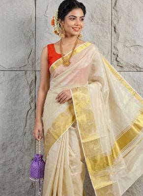 cream zari woven tissue kasavu saree with rich gold border 2